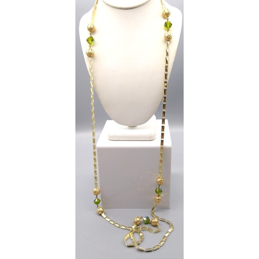 Lightweight Vintage Sparkle Necklace, Unique Gilded Beads with Green Lucite